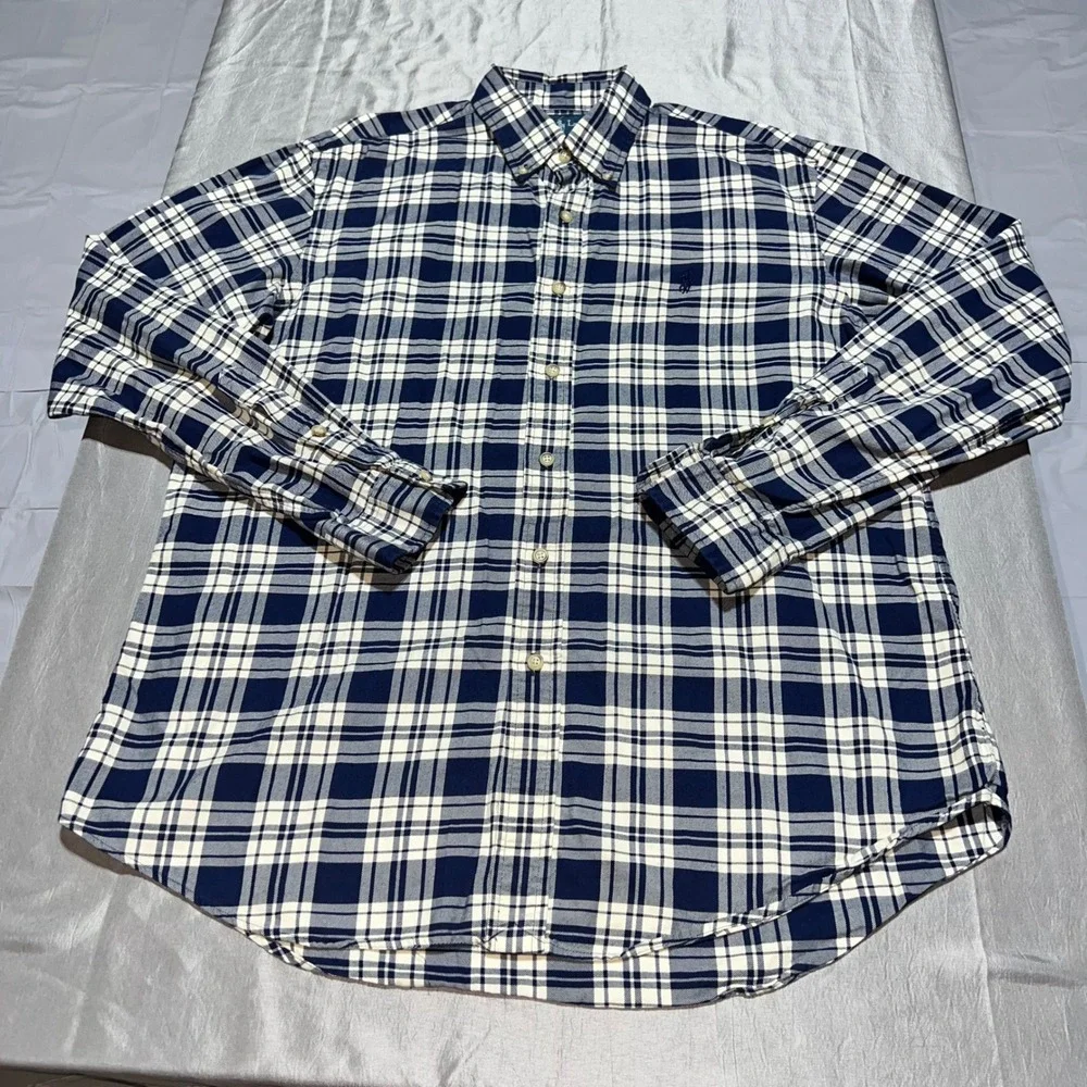 Pony Polo Ralph Lauren Mens Large Navy White Plaid Cotton Button Down Shirt Sz L